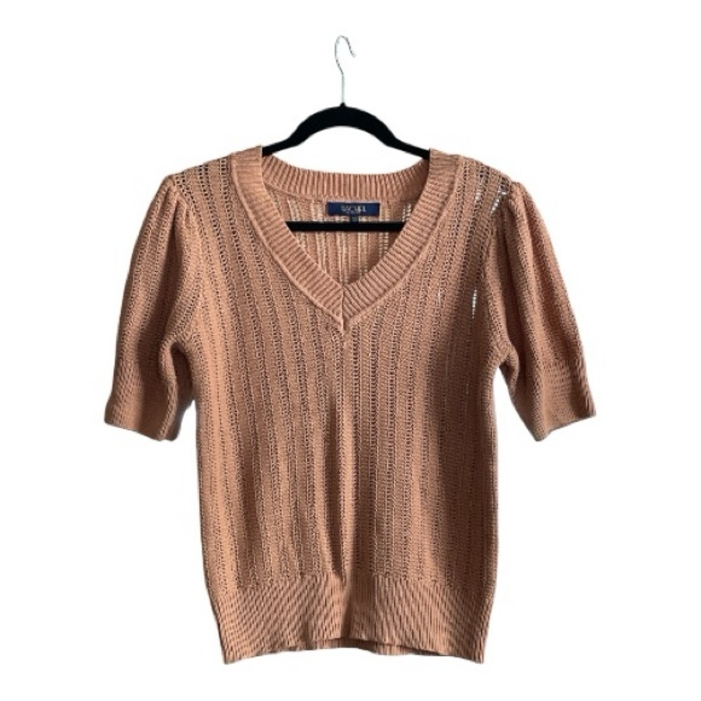 RACHEL Rachel Roy Open Knit V-Neck Sweater in Warm Tan Size Medium